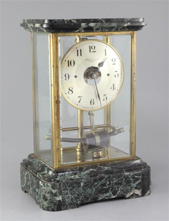 An early 20th century Bulle electric green marble four glass mantel clock, 14.5in.